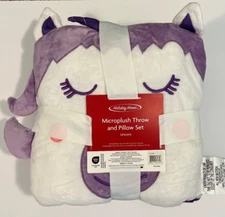 Unicorn Microplush Throw & Pillow Set Purple & White Kids Holiday Home Child NWT