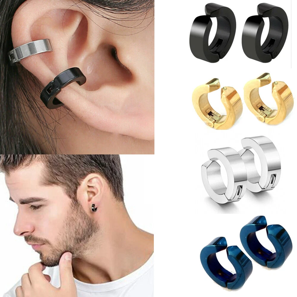 US Non-Piercing Clip On Fake Men Boy Ear Stud Cuff Hoop Earrings Stainless  Steel