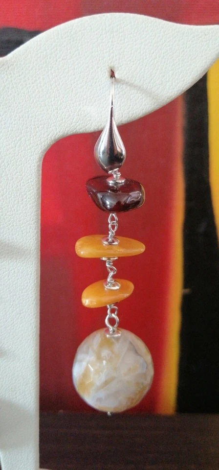 Orecchini Pendenti Ambra marrone/gialla Donna Argento 925 pietre naturali quarzo - Immagine 2 di 4