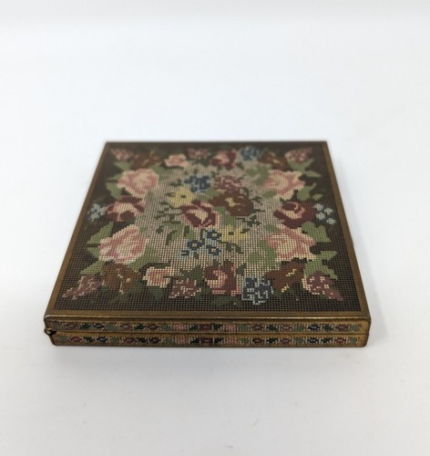 Vintage Volupte Gold Tone Compact Mirror Enamel Needlepoint Flower Makeup Powder - Picture 7 of 10