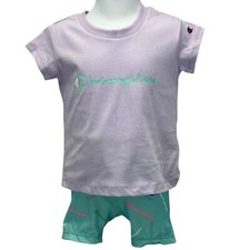 Champion Girls Purple Tee  Teal Blue Biker Short Set - size 2T