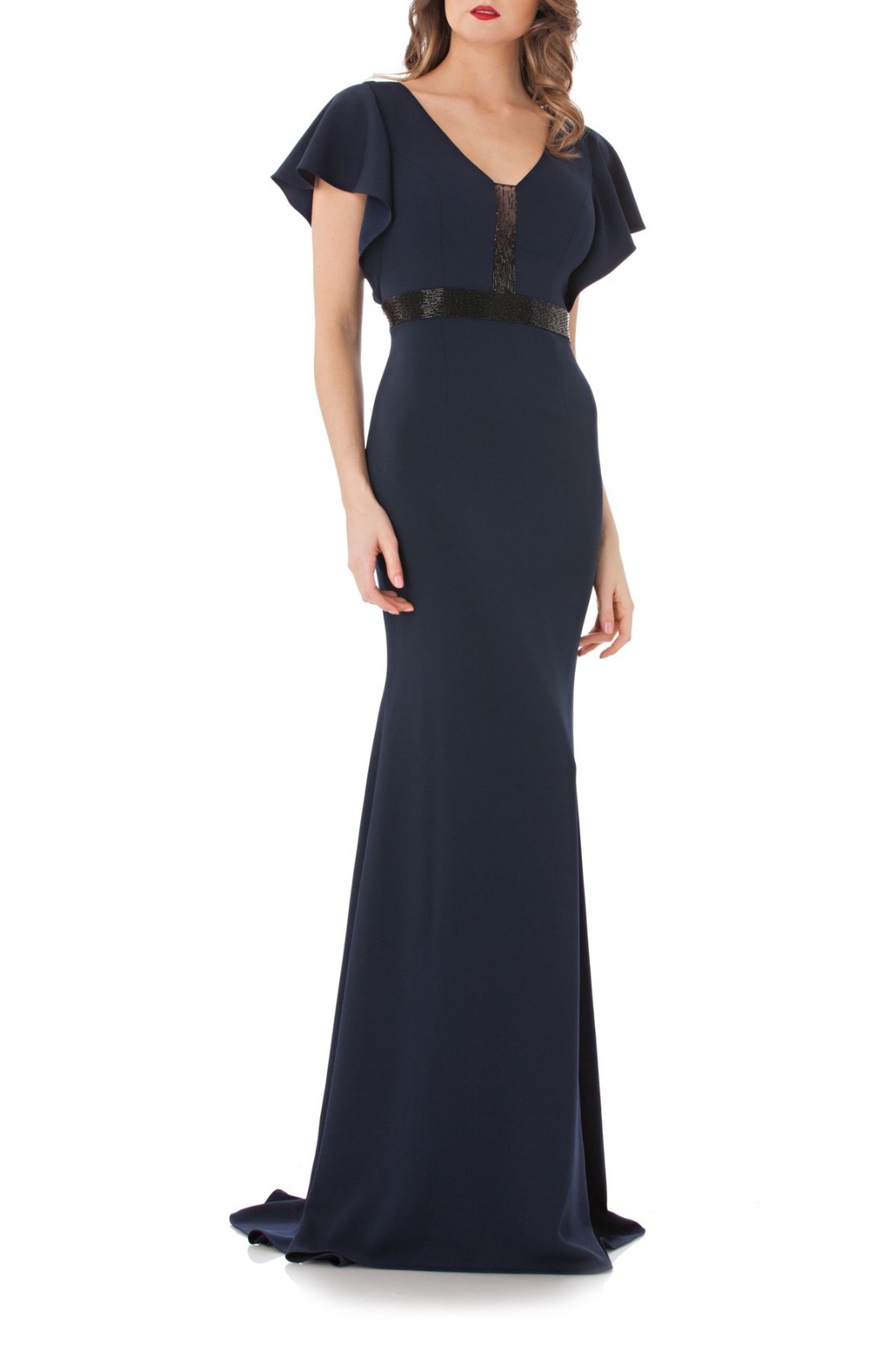 CARMEN MARC VALVO INFUSION DRAPE & BEADED MIDNIGHT BALLGOWN sz 2