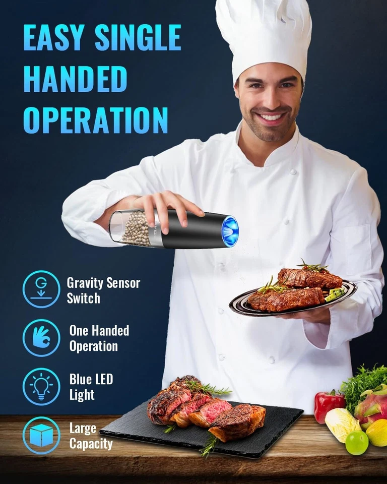 Paquete de 2 molinillos de sal y pimienta eléctricos por gravedad agitadores ajustables automáticos Foto 2 de 4