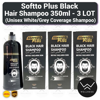 Softto Plus Black Hair Shampoo 3x350ml (White/Grey Coverage Shampoo) - 3 LOT