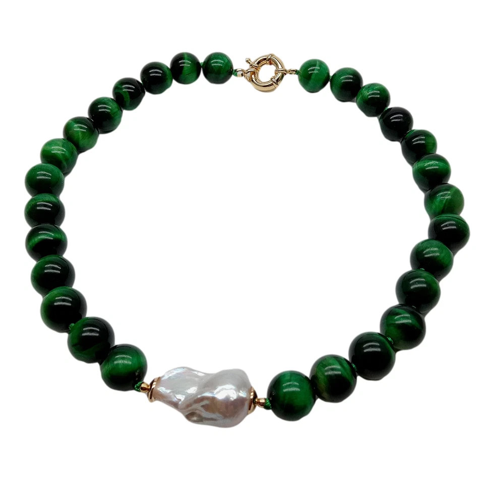 Colar de pérolas Keshi brancas cultivadas olho de tigre verde redondo 18,5 pol. 14 mm - Imagem 4 de 4