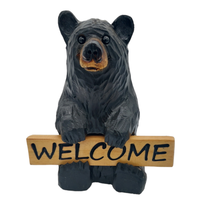 Chainsaw Carved Wooden Bear with Welcome & Wipe Yer Paws Sign Reversible