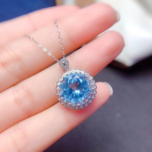 Classical Facted Round Cut Light Blue Topaz Gems Silver Women Necklace Pendants - Picture 4 of 6