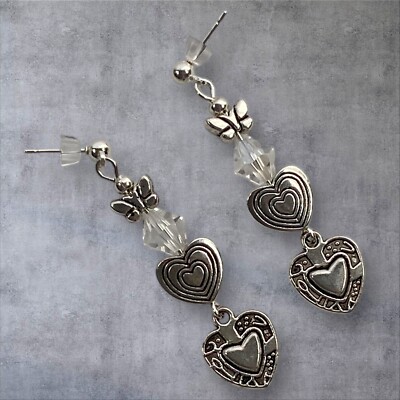 Avante Jewelry Beaded BUTTERFLY HEART Crystal Pierced Earrings Silver Tone 2 in
