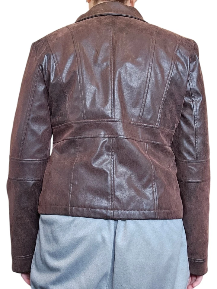 90s Womens Brown Vegan Faux Leather Jacket Distressed Babydoll Empire Waist - Image 3 of 4