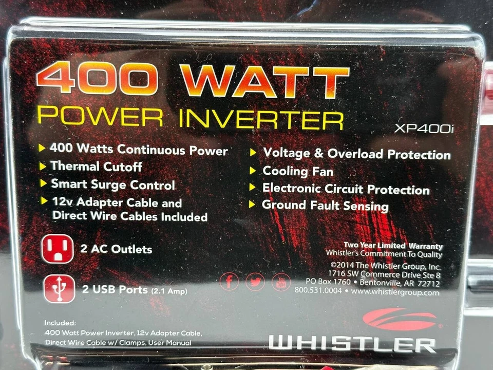Whistler XP400i 400 Watt Power Inverter 2 USB Ports 2 AC Outlets 12V DC to AC - Image 4 of 4