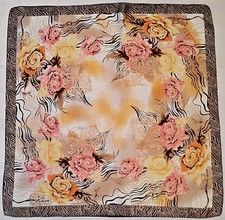 VINTAGE AUTHENTIC FLORAL ART ROSES BROWN PINK ORANGE SATIN SILK 34" SQUARE SCARF