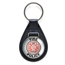 Fire Rescue Police Sign Black Leather Keychain Silver Keyring Military Gift