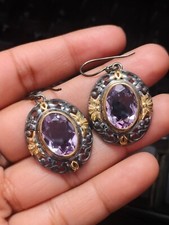 Natural Amethyst Gemstone Oval Dangle Earrings 925 Silver Black Rhodium Jewelry
