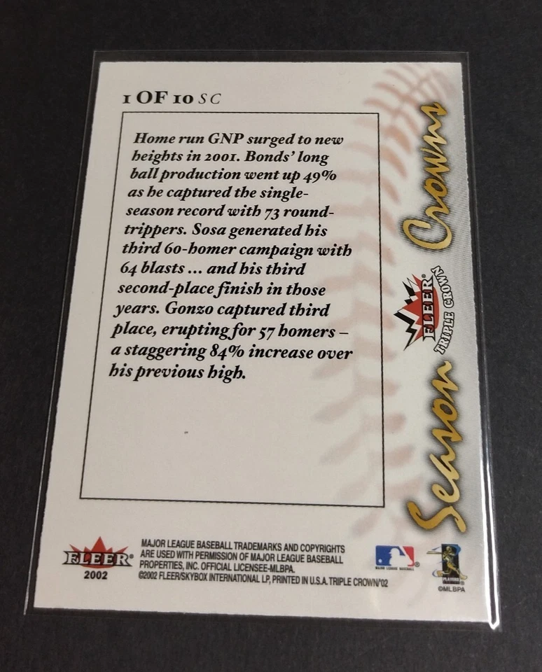 MLB 2002 FLEER Barry Bonds Sosa Gonzalez Giants Cubs Diamondbacks TRIPLE CROWN - Image 2 of 2