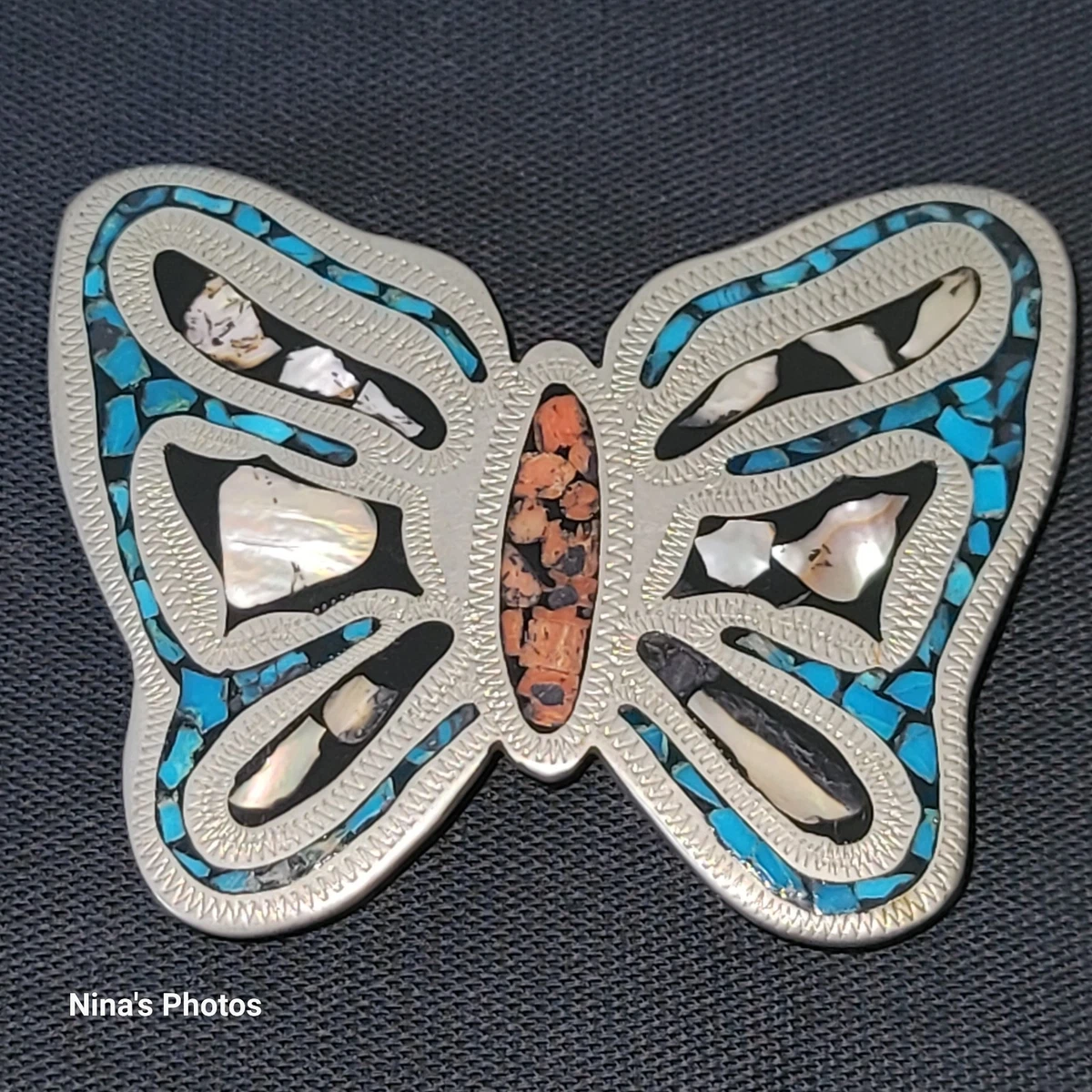 Nickel Silver Turquoise Abalone Shell Coral Inlay Butterfly 