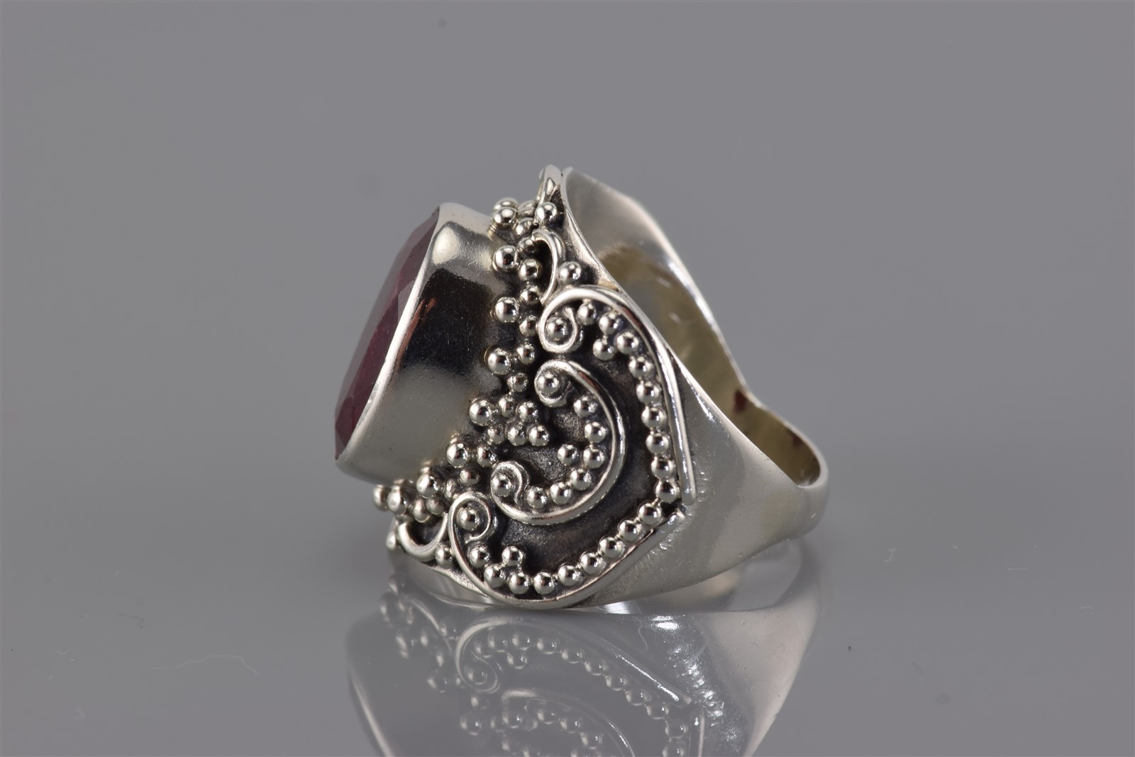 Sterling Silver Ornately Beaded Red Ruby Saddle S… - image 5