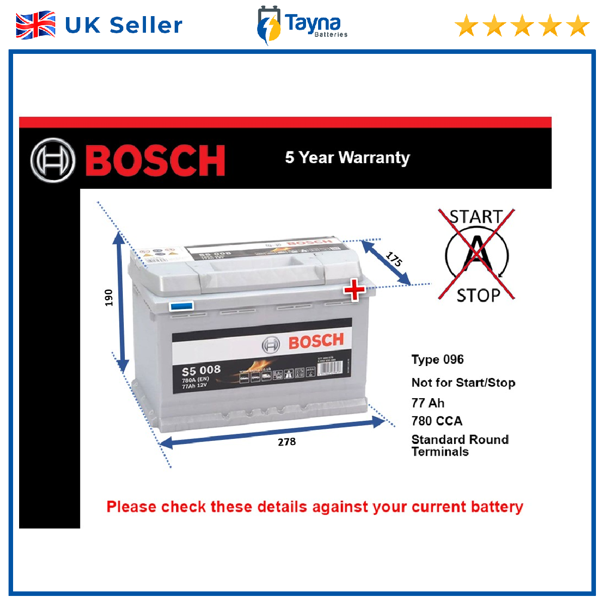 Battery fits HYUNDAI ix35 i20 ix20 TRAJET i30 i40 TUCSON XG30 Bosch 096