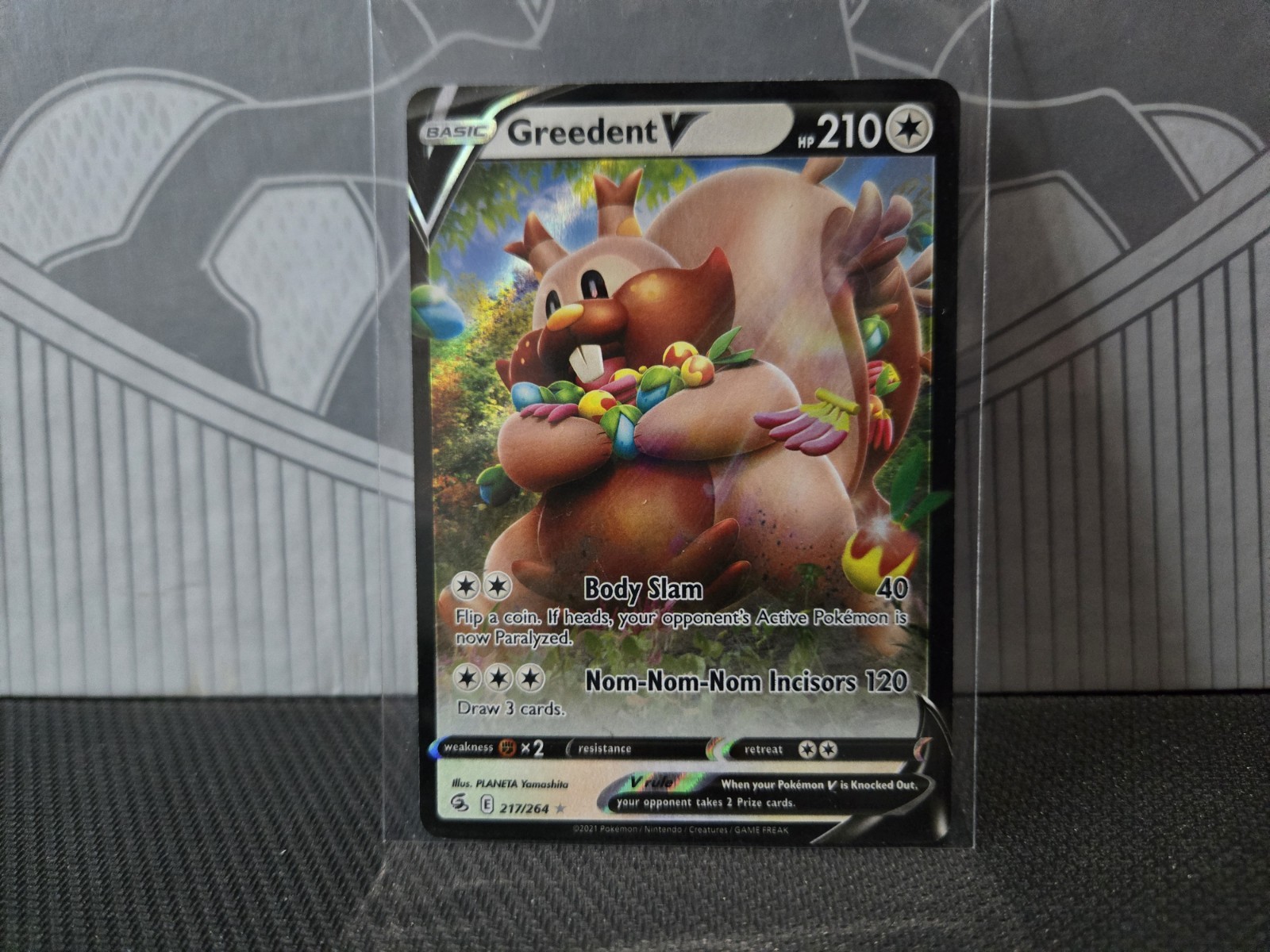 Pokemon Greedent v Ultra Rare Full Art Holo Card 217/264 SWSH08 Fusion Strike NM