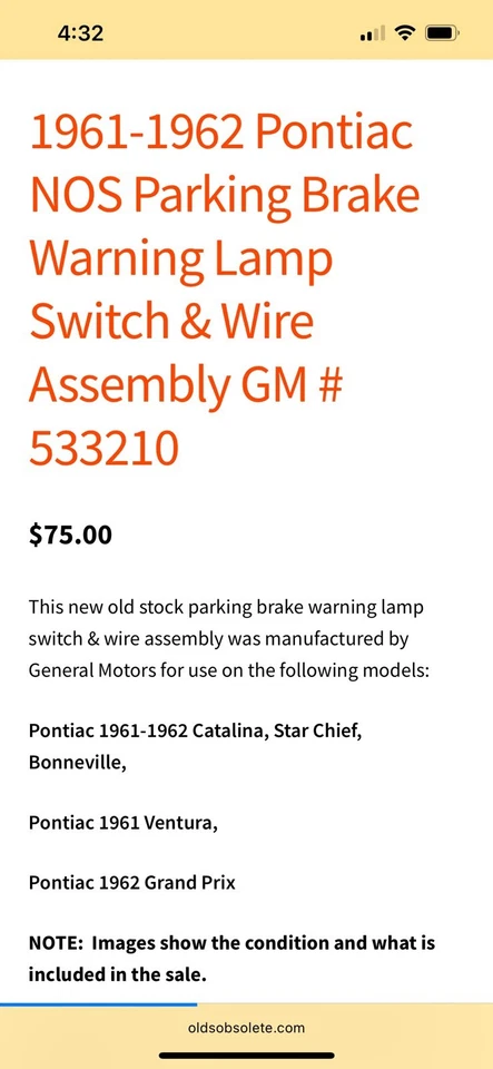 Interruptor de advertencia de freno de estacionamiento Pontiac NOS GM 533210 1961-62 Catalina Gran Prix Foto 3 de 3