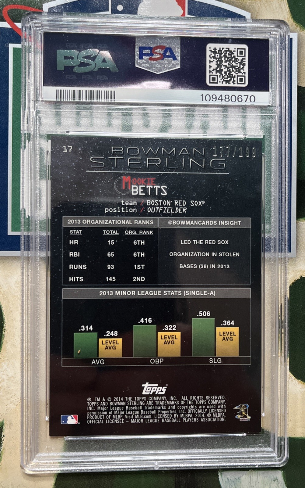 2014 Bowman Sterling Refractor /199 Rookie RC Mookie Betts PSA 9 view 2