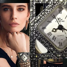 Cenere  Vintage Women's Quartz Marcasite Watch Black Leather Band- New Battery. 