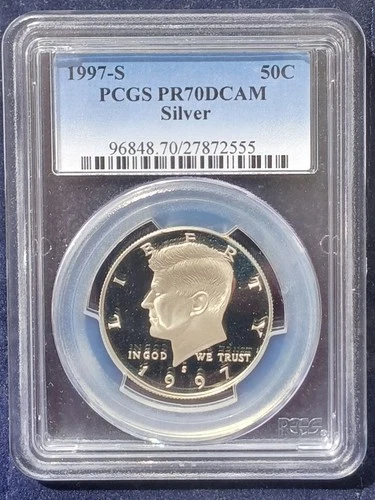 1997 s proof silver kennedy half dollar pcgs graded pr70dcam