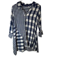 Soft Surroundings Womens Plaid Shirt Button Down Long Sleeve Medium Blue Beige