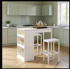3 Piece Breakfast Bar Table Set with 3 Tier Storage Shelves White Stools & Table