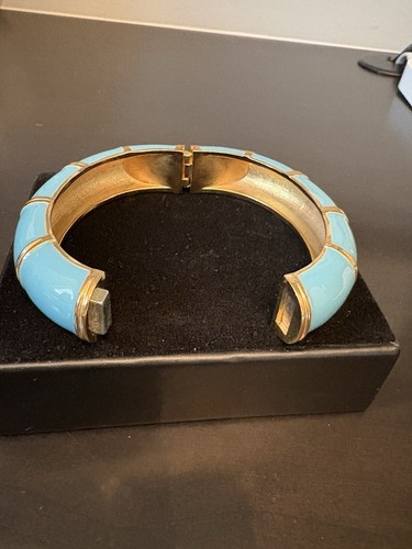 Brazalete con bisagras esmaltado pulsera vintage azul aguamarina y dorado ~ en muy buen estado - Imagen 2 de 5