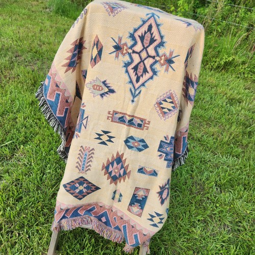 90s Y2K Goodwin Weavers Tapestry Throw Blanket 68x46 Fringe Boho Southwest Aztec - Picture 4 of 17