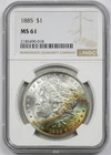 1885 $1 NGC MS 61 (Rainbow Crescent Obv Toning) Morgan Silver Dollar