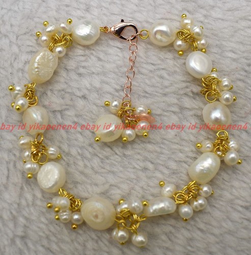 Natural 6-10mm White/Pink Freshwater Baroque Pearl Necklace Bracelet 18/7.5" - Picture 9 of 17