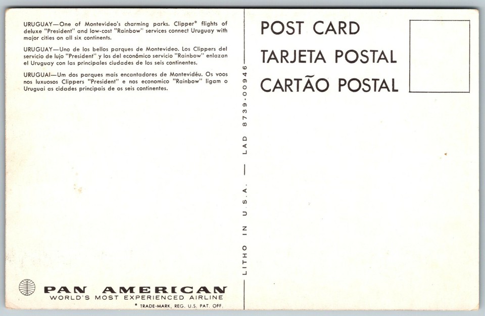 Charming Park in Montevideo, Uruguay, Pan American Airline Postcard
