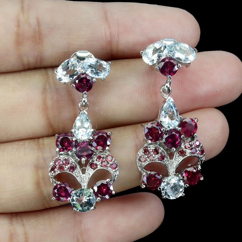 Pendientes de plata de ley 925 pera aguamarina rodolita granate piedras preciosas joyería Foto 2 de 4