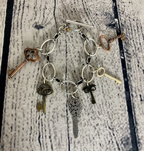 Mixed Metal Skeleton Vintage Key Charm Toggle Bracelet