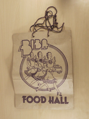Vintage 60er Jahre BIBA Food Hall große Schnur Griff Papiertragetasche 37x28cm sehr guter Zustand