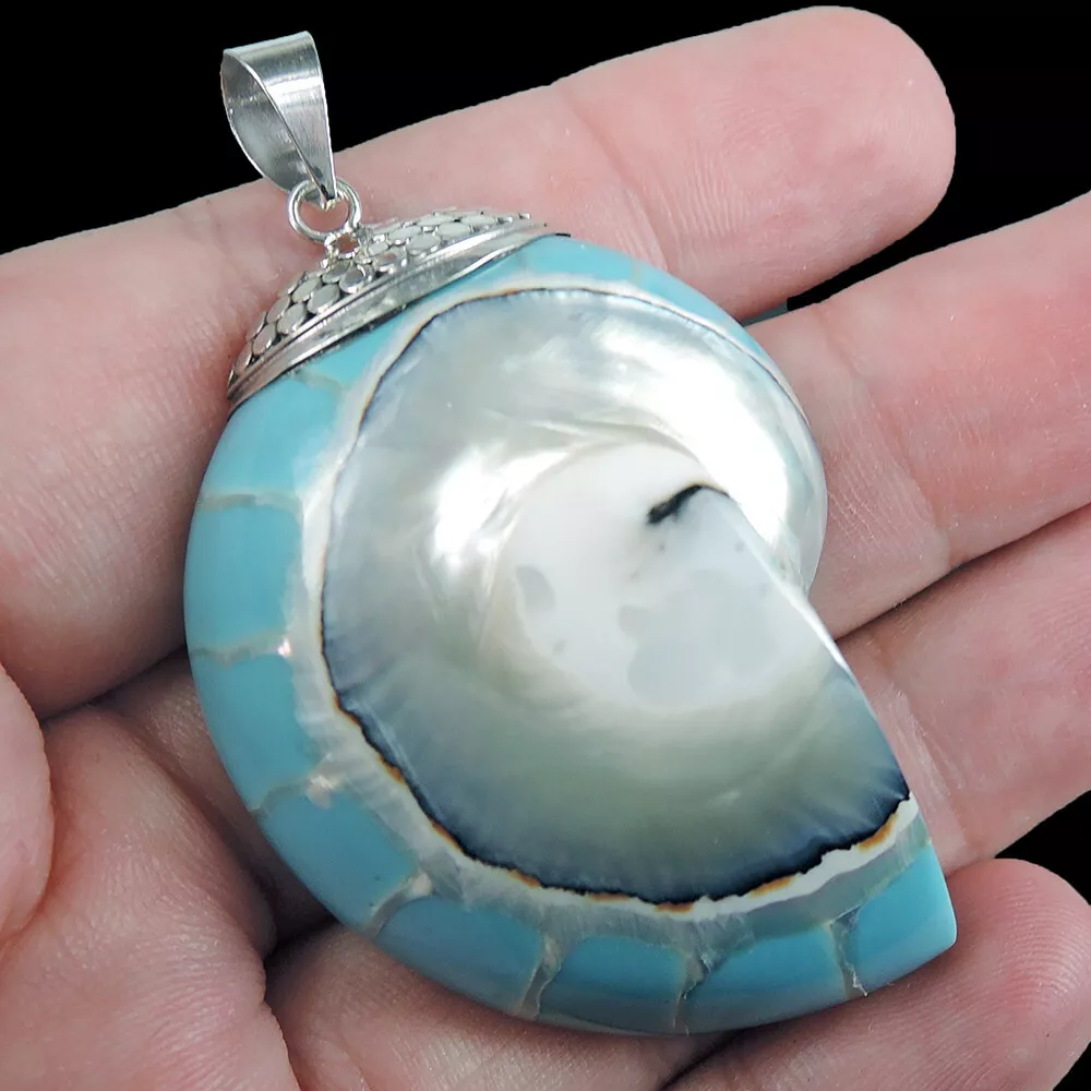 925 Sterling Silver Light Blue Natural Nautilus Shell Pendant