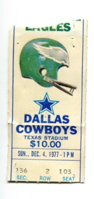 1977 Dallas Cowboys v Philadelphia Eagles Ticket 12/4 Dorsett 206 Yds 2