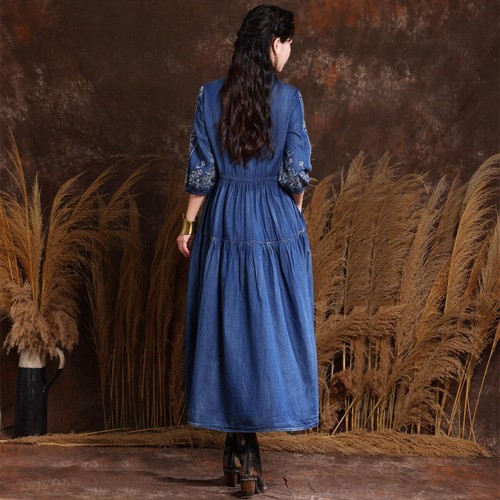Women's Denim Shirt Dress Embroidered Casual Dresses Maxi Dress Blue - Picture 2 of 14