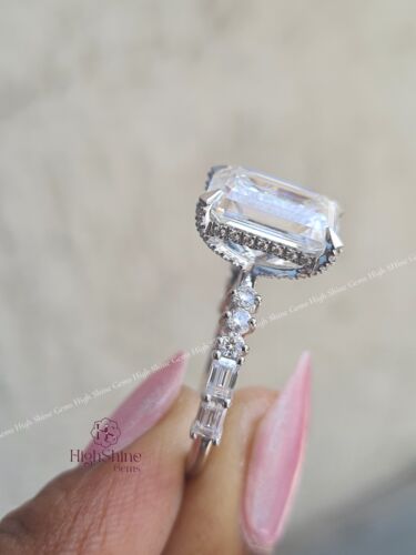 Emerald Cut Real MOISSANITE Hidden Halo Pav Set Band Women Ring 14K White Gold