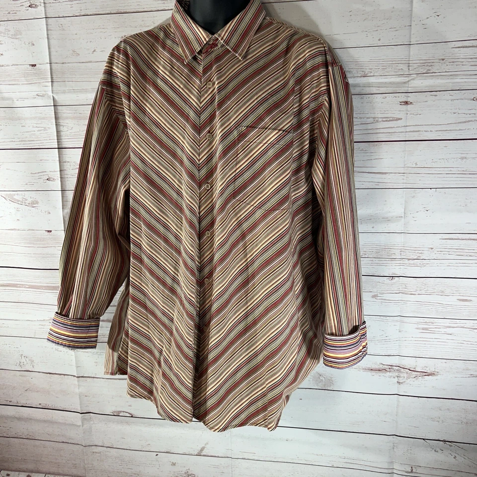 Brooklyn Express Mens Size 2XL Brown Orange Striped Shirt Button Up Flip Cuffs - Image 3 of 4