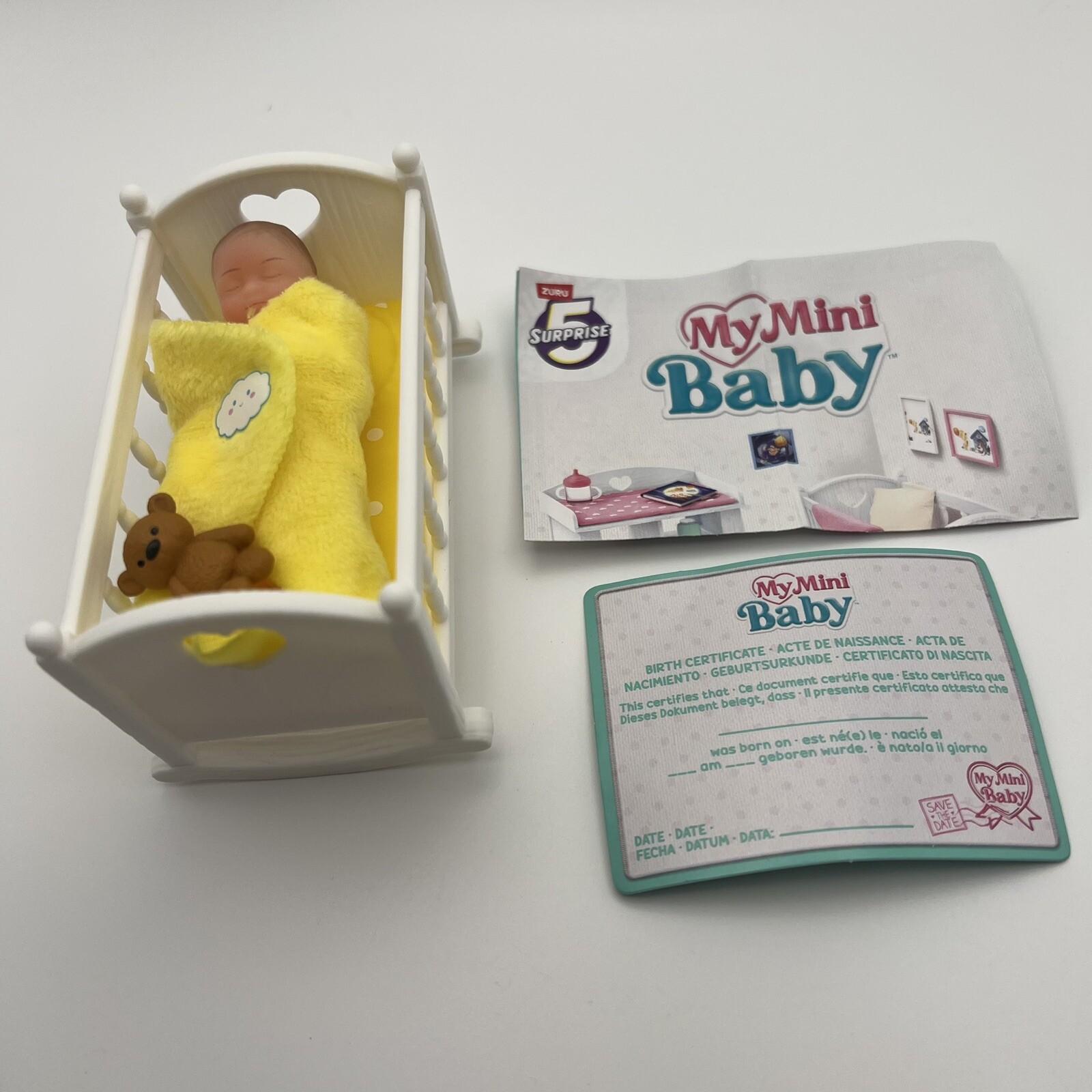 Rare Zuru NEW My Mini Baby YELLOW Bed with mat bassinet blanket teddy bear Baby