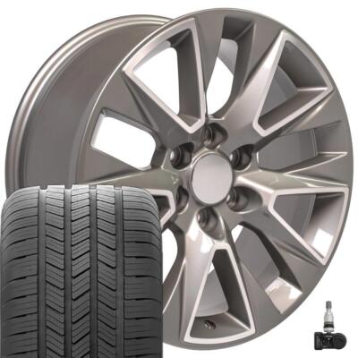 20'' 5919 Wheels & 275/55-20 Tires, TPMS Fits Silverado LTZ Silver Machined 20x9