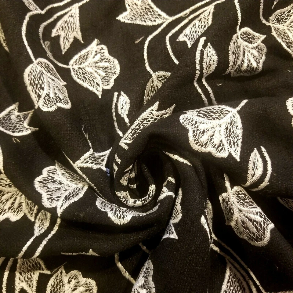 Black Raw Silk Suiting Embroidered with Beautiful White Floral Design - image 4 of 4