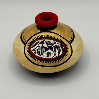 Terracotta Hand Painted Flat Warli Miniature Vase Red Gold Indian Tribal Art