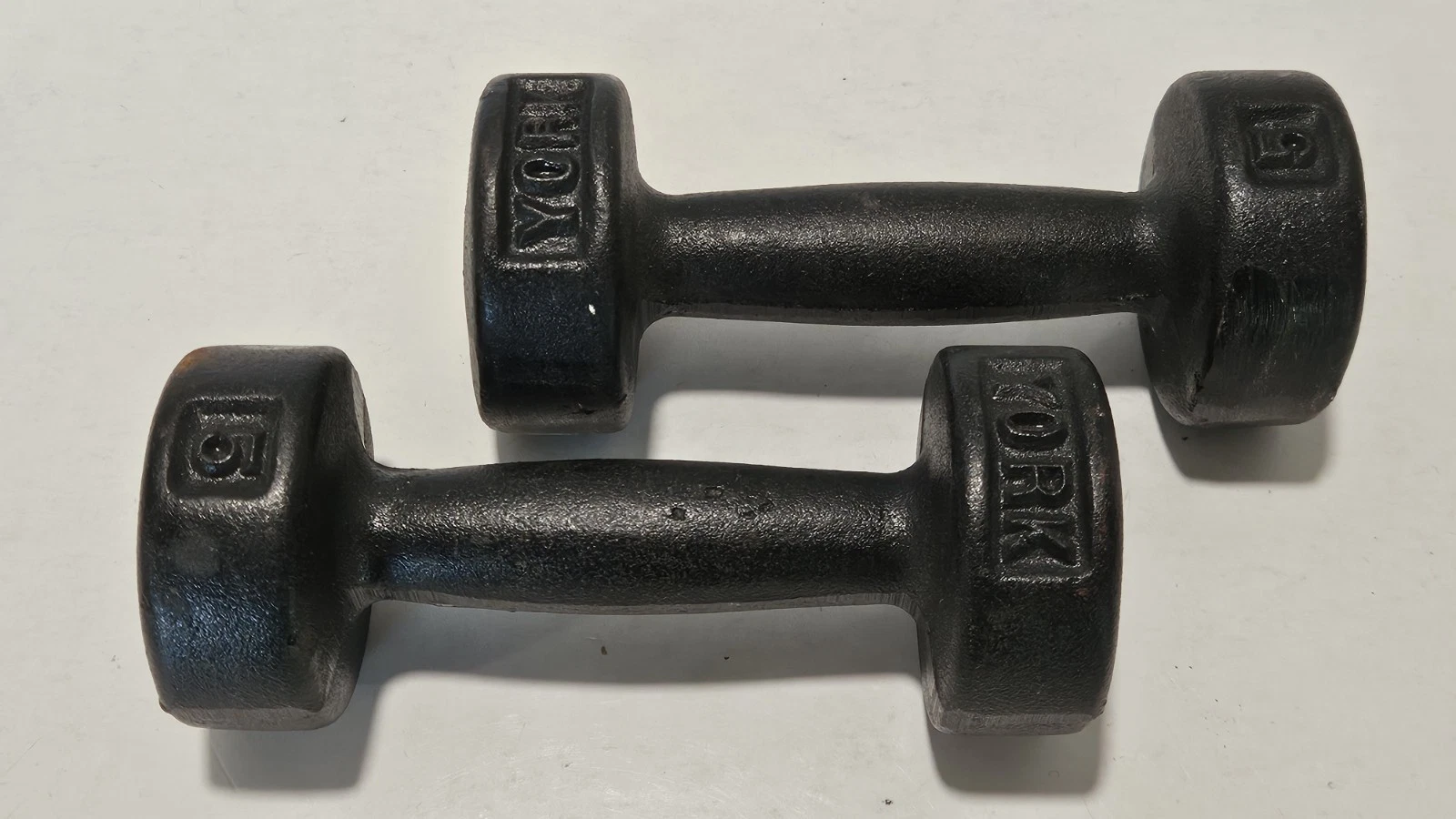 Vintage Pair of 5 Pound York Cast Iron Dumbbells