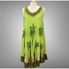 Tapa Threads Hawaii Women Dress Free Size Green Tropical Palm Beach Cover Lounge