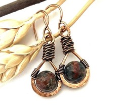 Jasper Dangle Earrings Teardrop Copper Handma...