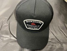 QUIKSILVER Black Trapazoid Red Patch Logo Trucker Mesh Hat Cap Snapback Brim NEW