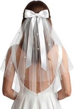 Bride Veil, 22.4 Inch Short White Bachelorette Veil With Bow Pearls - Elegant